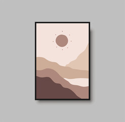 Abstract landscape wall art print. Vector abstract landspace for luxury minimal bedroom interior. Printable boho poster for decor. Artwork with terracotta colors for wallpaper. Vector illustration