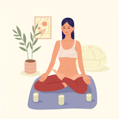Fototapeta na wymiar Meditation. A young girl with crossed legs with closed eyes, in a relaxed state, sits on the floor and meditates. Spiritual practice, yoga and breathing exercises. Vector illustration in a flat style.