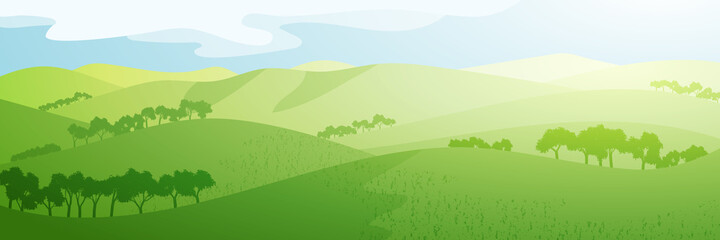 Panoramic view of green hills on sunny morning, vector illustration