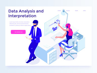 People in a team interact with graphs. Landing page template. 3d isometric illustration