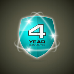 Shield with a text guarantee four year icon. Warranty 4 year Label obligations. Safeguard shield sign. Protect promise reliability badge. Security guaranteed shield illustration