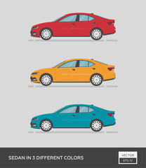 Urban vehicle. Sedan in 3 different colors. Cartoon flat illustration, auto for graphic and web design.