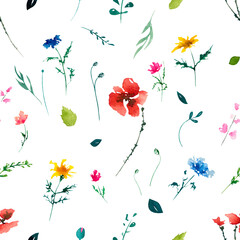 Colorful watercolor seamless pattern. Wildflowers on white background with foliage and greenery. Poppy flowers, peony, meadow flowers. Suitable for wrapping paper, fabric, cloths, business cards, etc.
