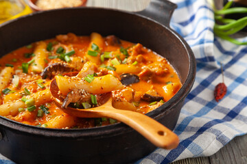 Traditional Korean Tteokbokki rice noodles with chicken, vegetables and shitake mushrooms. Prepared in a pan.