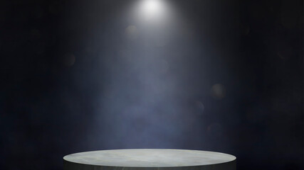 Empty dark bokeh background, stage podium with lighting on white marble and studio room with smoke...