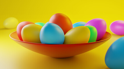 Happy Easter Banner, Colorful and Shiny Eggs (3D Render)