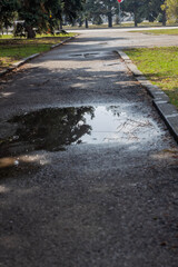 Asphalt with cracks on the street with puddles, material for background 