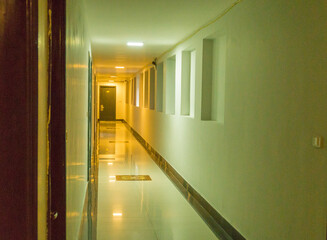 Perspective of the long corridor in hotel