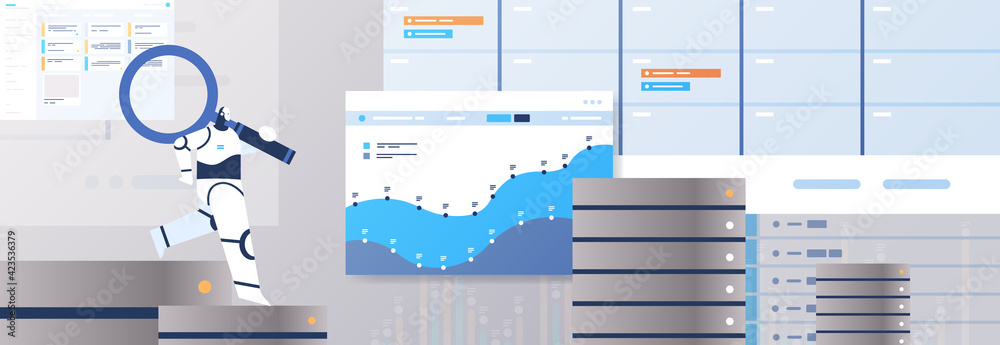 Poster robot with magnifying glass analyzing statistics graphs and charts financial data analyzing artifici