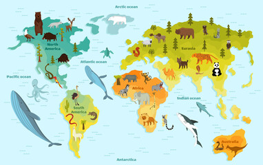 World map with different animal. Funny cartoon banner for children with the continents, oceans and lot of funny animals. Materials for kids preschool education