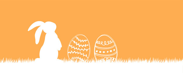 Happy Easter. Green and orange easter background card with eggs and rabbit. Vector illustration great for package banner - 423536595