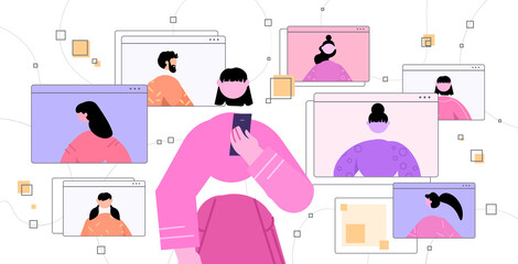 woman using smartphone discussing with friends during video call virtual conference online communication