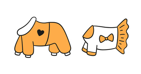 Warm clothes for dogs. Canine jumpsuit and dress. Set isolated hand drawn vector illustration on white background