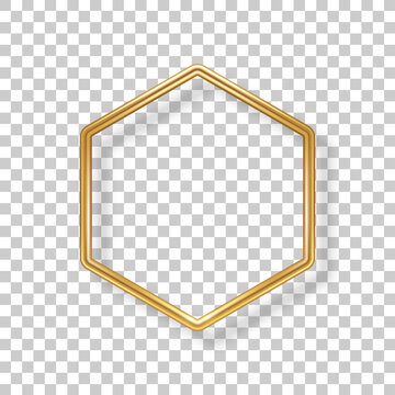 Hexagon luxury 3d gold frame isolated on transparent background. Vector illustration. Wedding label, modern badge, metallic wire speech bubble for motivational quotes, luxury realistic border