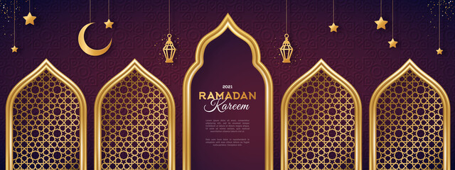 Ramadan Kareem concept banner with gold 3d frame, arab window on dark background with beautiful arabesque pattern. Vector illustration. Hanging golden arabian traditional lanterns, crescent and stars - obrazy, fototapety, plakaty