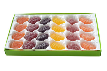 closeup box of sugar jelly fruit candy isolated