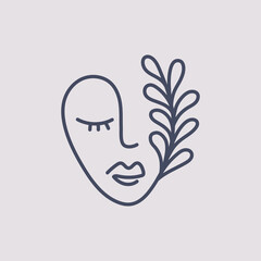 Hand drawn face with leaf and twig. One line continuous vector illustration design.