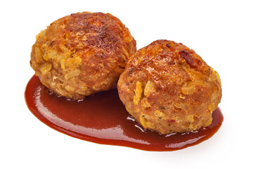 Baked Meatballs in Red Sauce, isolated on white background