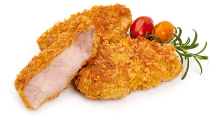 Fried Chicken strips in breadcrumbs, isolated on white background