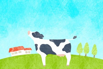お天気な日に牧場で佇む牛さんのイラスト