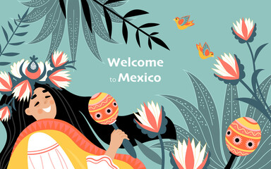 Obraz na płótnie Canvas Welcome to mexico banner with cute girl in traditional mexican clothes with maracas on a floral background