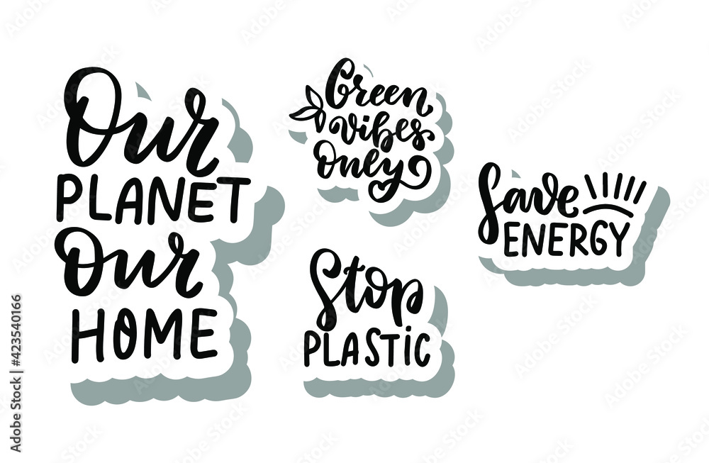 Wall mural our planet, our home. stop plastic. save energy. green ecology concept stickers set. waste sorting. 