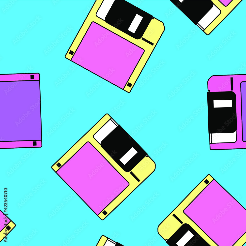 Poster Seamless pattern with colorful floppy disk  in vaporwave 90's retro style. Vector illustration for textile fabric print.
