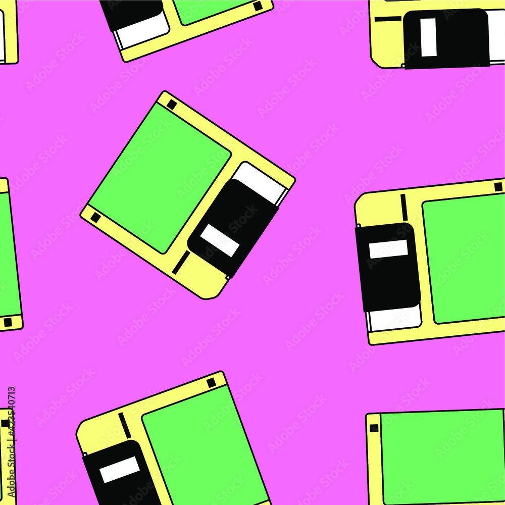 Poster Seamless pattern with colorful floppy disk  in vaporwave 90's retro style. Vector illustration for textile fabric print.