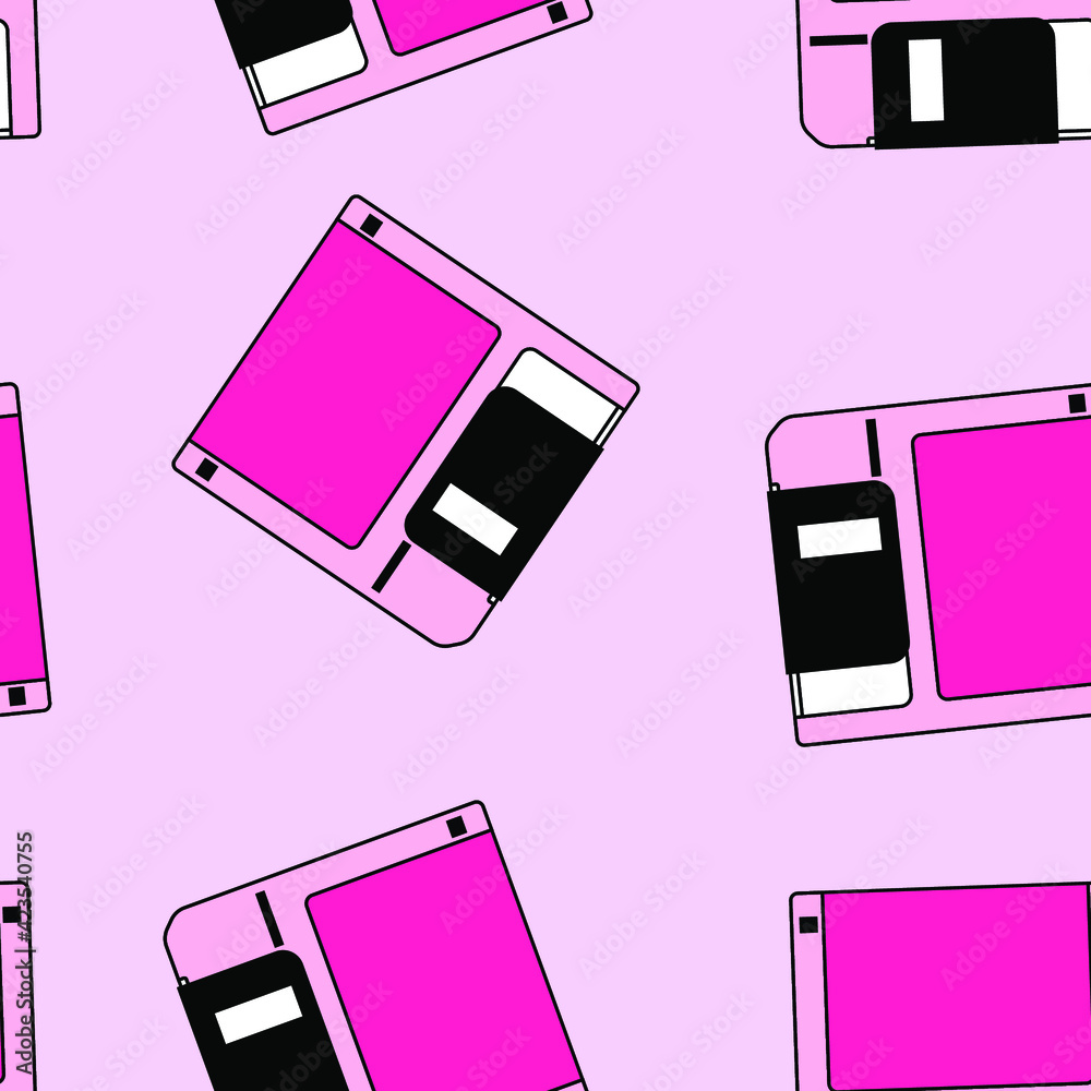 Poster Seamless pattern with colorful floppy disk  in vaporwave 90's retro style. Vector illustration for textile fabric print.