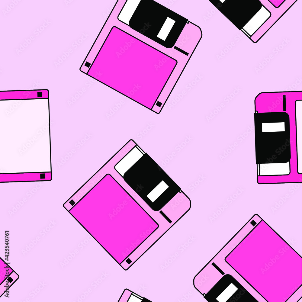 Poster Seamless pattern with colorful floppy disk  in vaporwave 90's retro style. Vector illustration for textile fabric print.