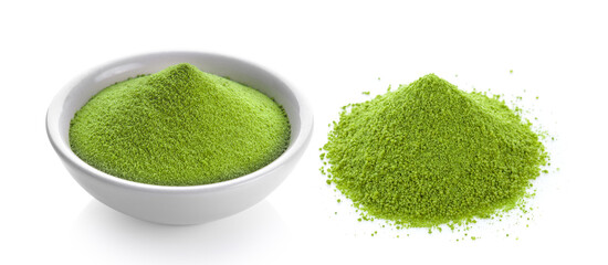 green tea powder in a bowl on white - obrazy, fototapety, plakaty