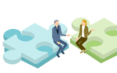 ジグソーパズルとビジネスマン、企業戦略のイメージ、アイソメトリック