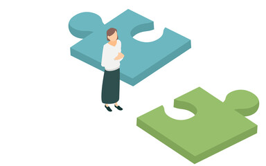 ジグソーパズルと女性、問題解決のイメージ、アイソメトリック