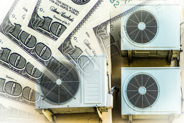 Air conditioners (devices for maintaining a set temperature ) on the background of money . The concept of the development of new technologies .