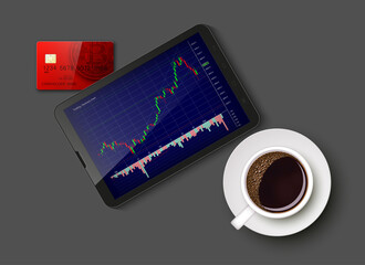 Tablet PC Business chart card, uptrend line graph, bar chart stock bull market arrow phone, coffee. Evaluation investment risks tablet banner. Financial markets background tablet trading phone, coffee