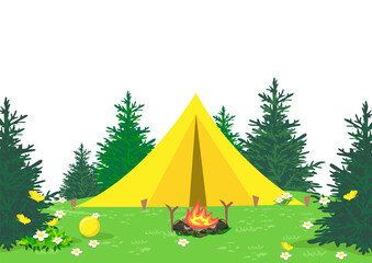 Vector illustration of a camping with a bonfire and a yellow tent standing among the trees in a blooming forest glade