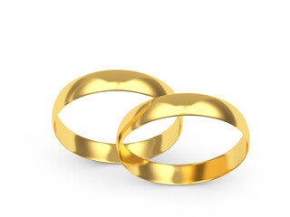 Gold wedding rings on white. Top view. 3d illustration 