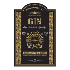 template gin label with anchor and yacht helm in retro style