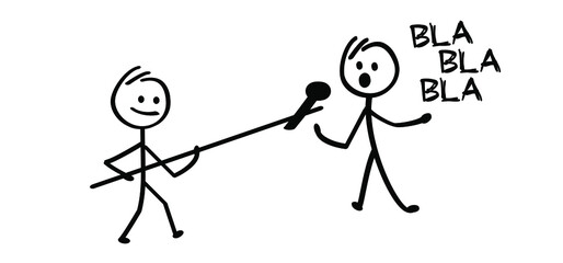 Stickman with microphone, thinking news or fake. Funny comic cartoon stick figures man, Slogan positive motivation. False disinformation. Stand up comedy. Speaker telling story to audience. 