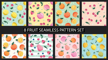 Fototapeta na wymiar Seamless pattern set with fruits and blossom. Sweet summer background collection for textile, fabric, decorative paper. Vector