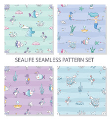 Sealife seamless pattern set. Mermaid and fish characters. Textile colorful backgrounds. For print and web. Vector