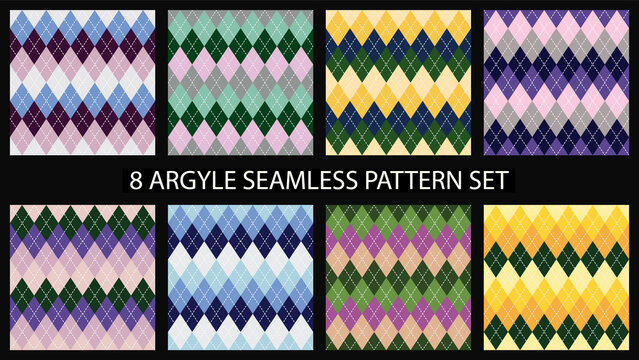 Argyle seamless pattern set. Textile colorful backgrounds. For print and web. Vector