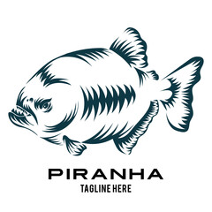 Piranha fish logo in wood cut style and tribal deign