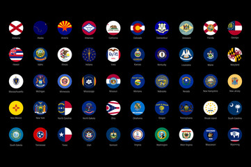 USA American states all flags in alphabetical order. Round circle vector flag buttons