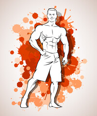 Muscle man silhouette graffiti icon on blot wall background, lifting weights fitness gym icon on spot banner, bodybuilder logo on spot background, men's bare torso