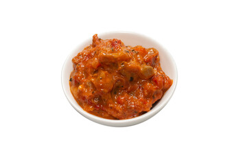 Vegetable stew in a bowl isolated on white background.