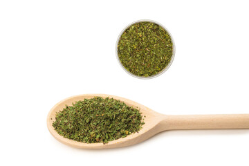 Dry mint in wooden spoon isolated on white.