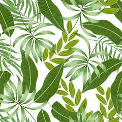 Colorful seamless tropical pattern with bright plants and leaves on a light background. Exotic tropics. Summer. Seamless exotic pattern with tropical plants. Hawaiian style.