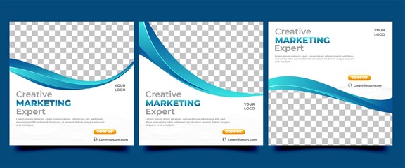 Business social media promotion banner template. White background with abstract blue shape and line. Vector design with place for the photo. Perfect for social media post, flyer, banner, and website.