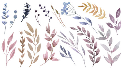 Fototapeta premium set of watercolor leaves, greenery, hand-drawn branches on a white background. For scrapbooking, stickers, diary, wedding invitations, greeting cards